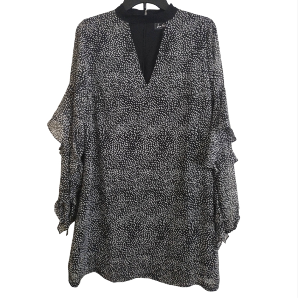 Sam Edelman black and white printed dress with choker ruffle sleeves size 12